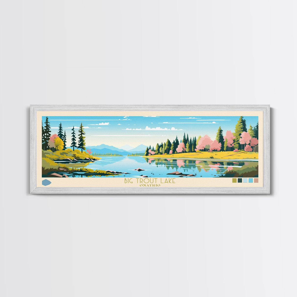 Big Trout Lake Ontario Framed Canvas Print, Panoramic Travel Poster, Midcentury Modern Wall Art, Pop Art, Nature Living Room Art, Lake House Decor