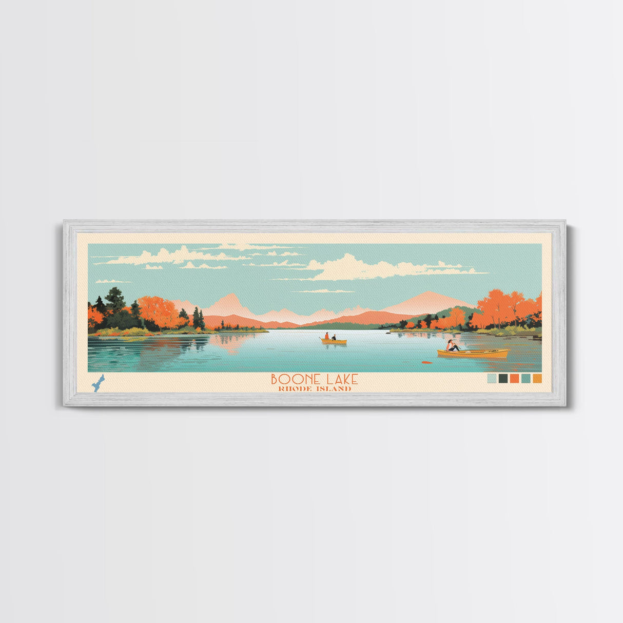 Boone Lake Rhode Island Framed Canvas Print, Panoramic Travel Poster, Midcentury Modern Wall Art, Pop Art, Nature Bedroom Decor, Scenic Lake House Art