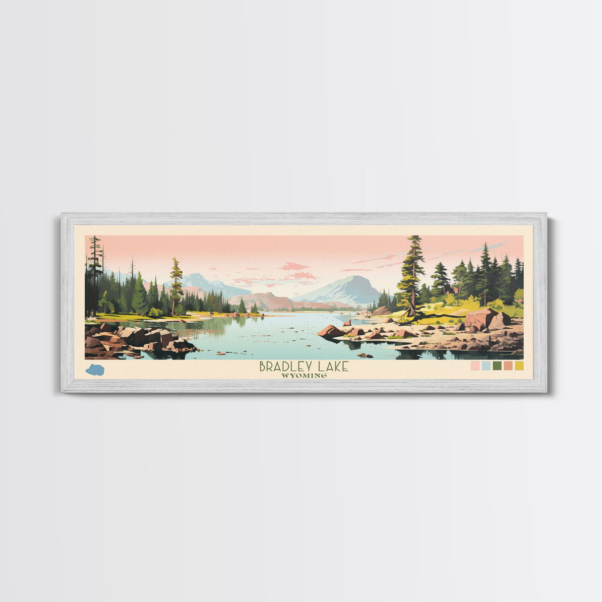 Bradley Lake Wyoming Framed Canvas Print, Midcentury Modern Panoramic Wall Art, Living Room Decor, Pop Art, Travel Poster Art