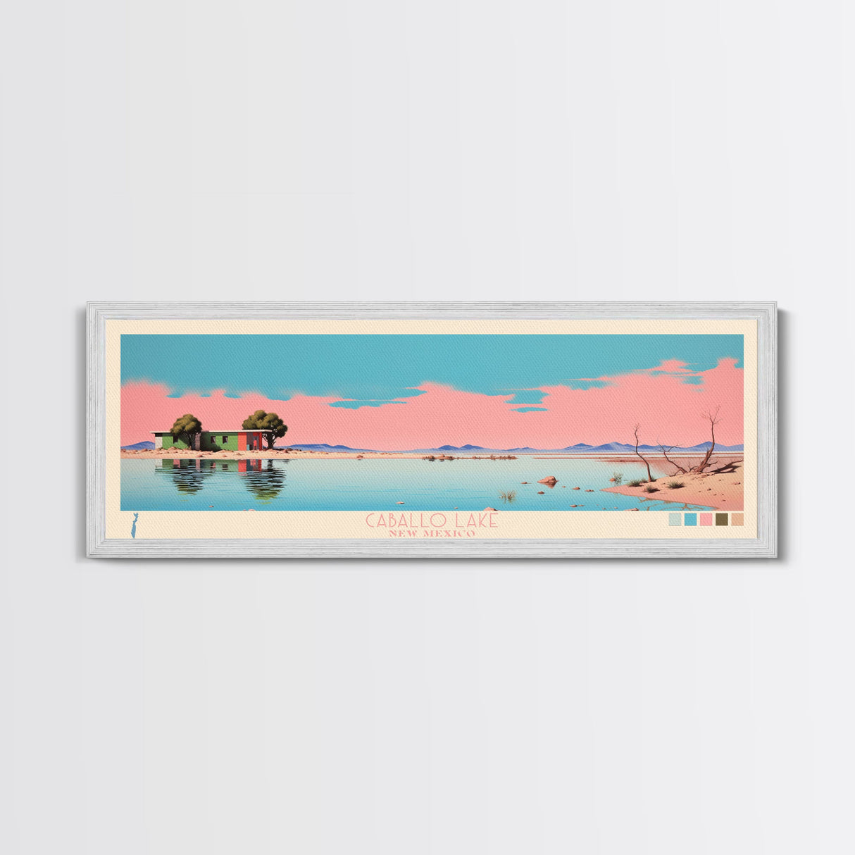 Caballo Lake New Mexico Framed Canvas Print, Midcentury Modern Panoramic Wall Art, Living Room Decor, Pop Art, Travel Poster Art, Scenic Nature Painting