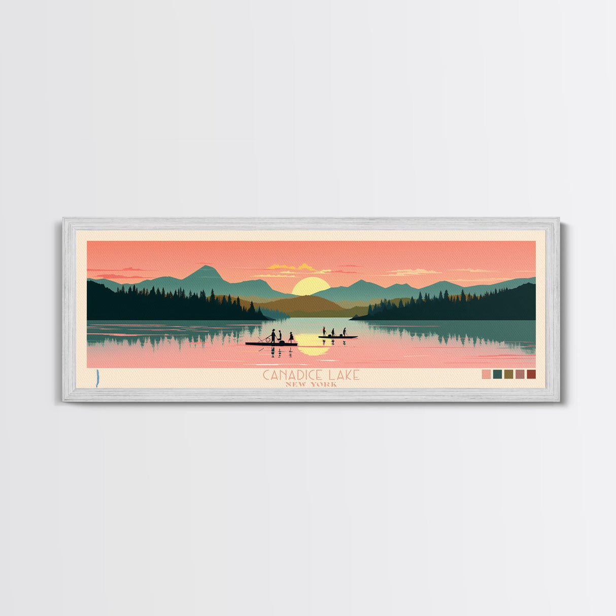 Canadice Lake New York Framed Canvas Print, Pop Art Panoramic Travel Poster, Midcentury Modern, Wall Art, Scenic Nature Painting, Bedroom Decor