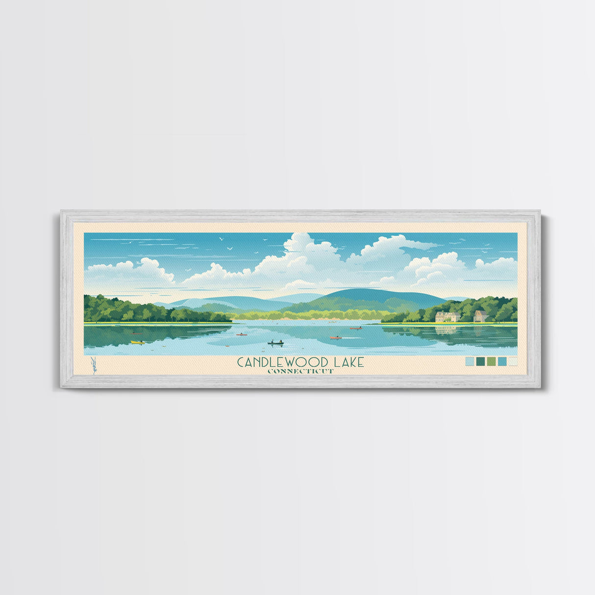 Candlewood Lake Connecticut Framed Canvas Print, Pop Art Panoramic Travel Poster, Midcentury Modern, Wall Art, Scenic Nature Painting, Bedroom Decor