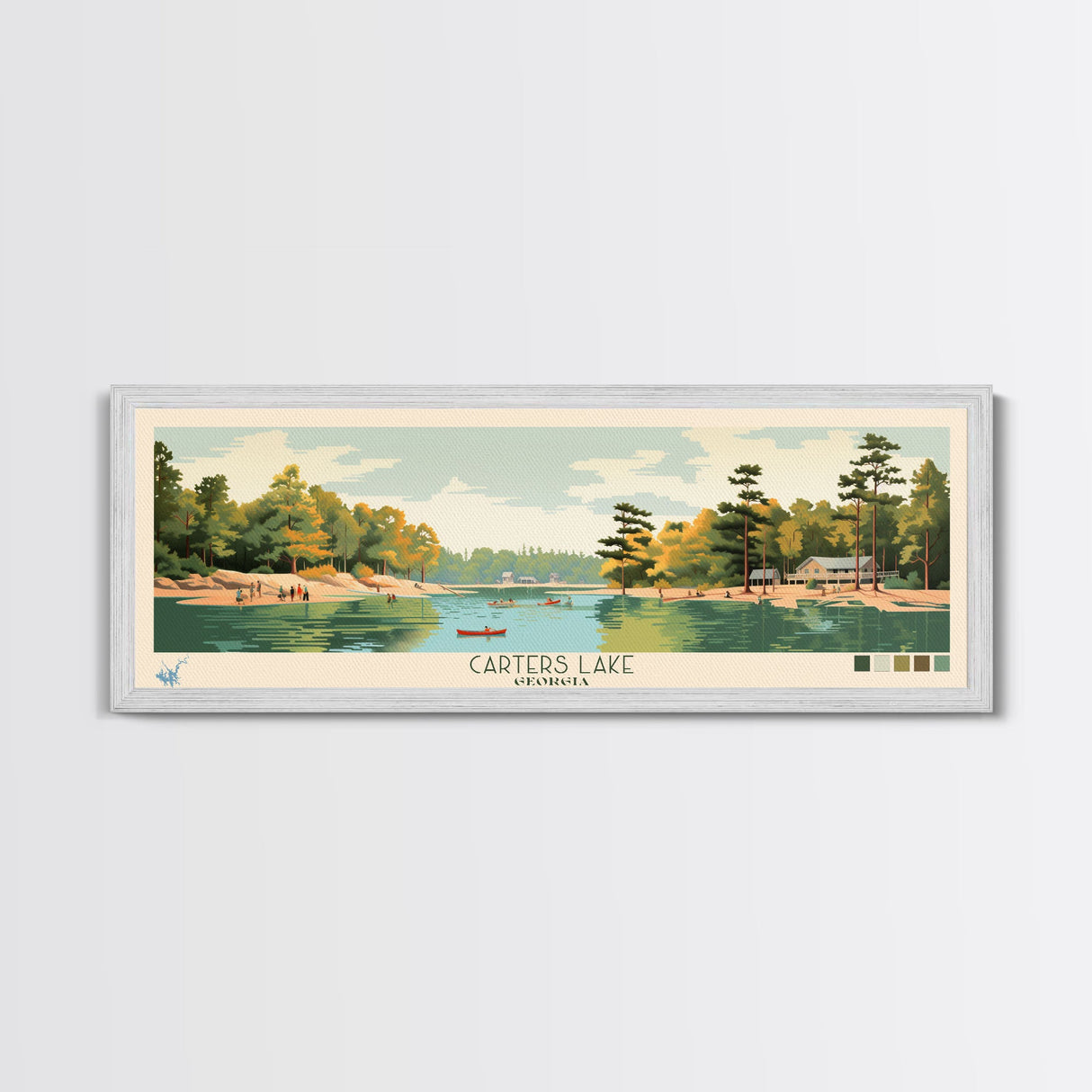 Carters Lake Georgia Framed Canvas Print, Pop Art Panoramic Travel Poster, Midcentury Modern, Wall Art, Scenic Nature Painting, Bedroom Decor, Living Room Art