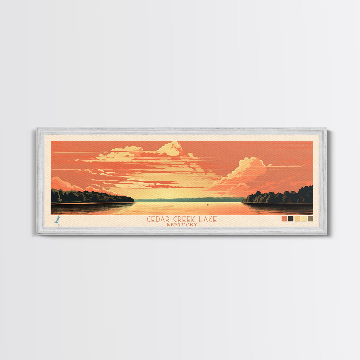 Cedar Creek Lake Kentucky Framed Canvas Print, Midcentury Modern Panoramic Wall Art, Living Room Decor, Pop Art, Travel Poster Art, Scenic Nature Painting, Lake House Decor