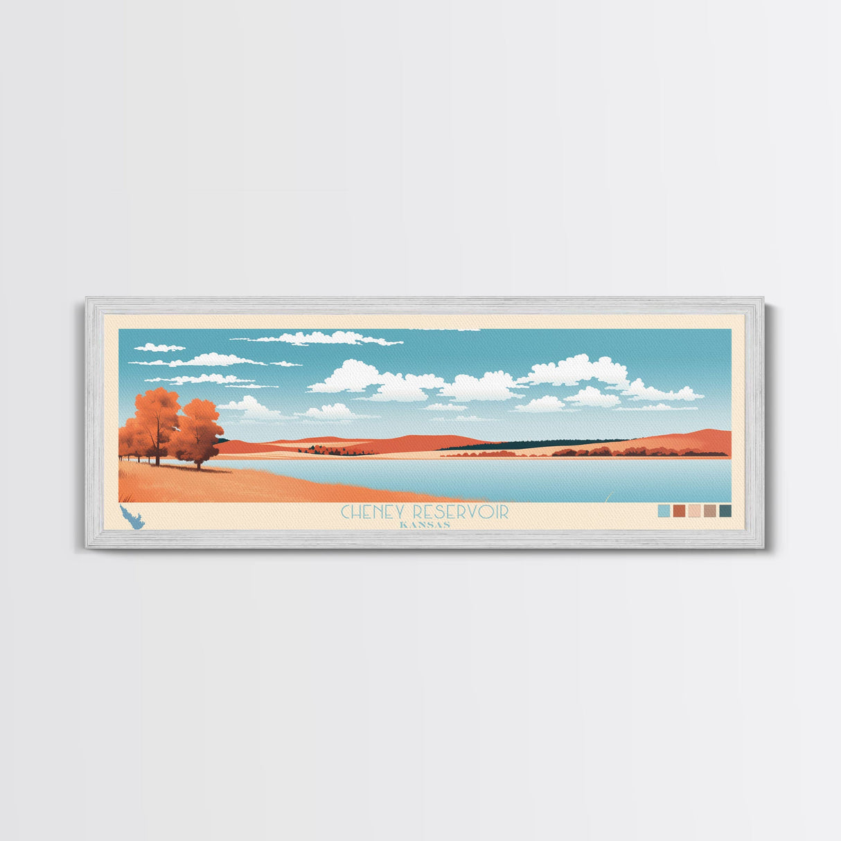Cheney Reservoir Kansas Framed Canvas Print, Midcentury Modern Panoramic Wall Art, Living Room Decor, Pop Art, Travel Poster Art, Scenic Nature Painting, Lake House Decor
