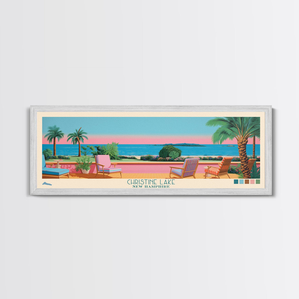Christine Lake New Hamphire Framed Canvas Print, Pop Art Panoramic Travel Poster, Midcentury Modern, Wall Art, Scenic Nature Painting, Bedroom Decor, Living Room Art