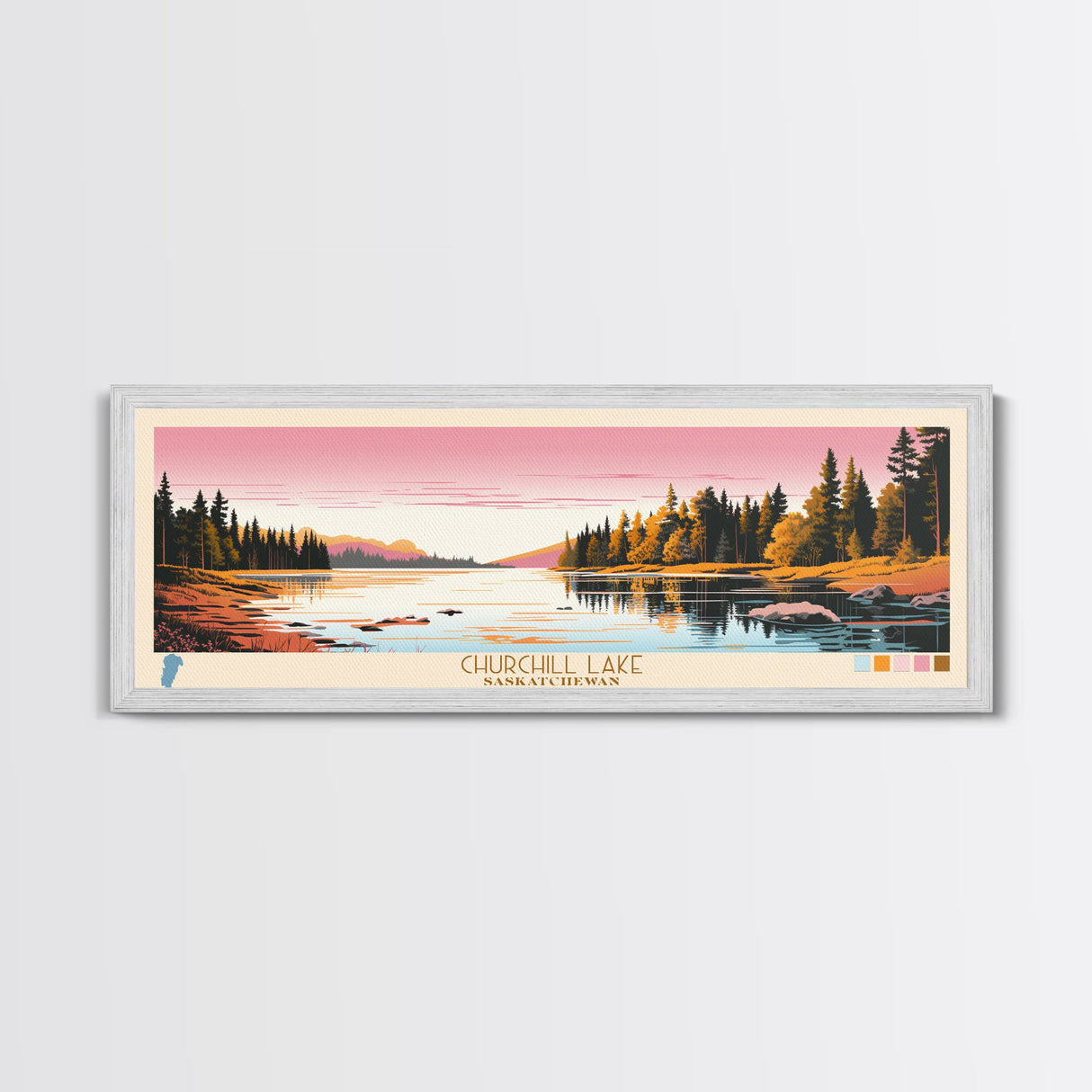 Churchill Lake Saskatchewan Framed Canvas Print, Midcentury Modern Panoramic Wall Art, Living Room Decor, Pop Art, Travel Poster Art, Scenic Nature Painting, Lake House Decor