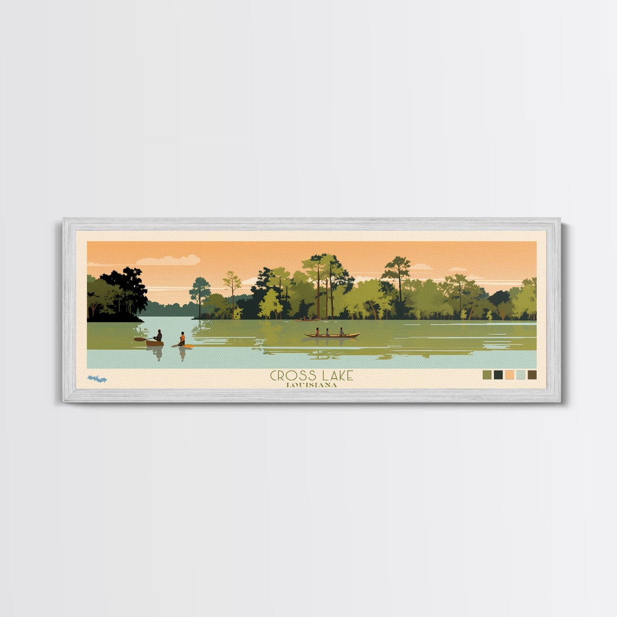 Cross Lake Louisiana Framed Canvas Print, Midcentury Modern Panoramic Wall Art, Living Room Decor, Pop Art, Travel Poster Art, Scenic Nature Painting, Lake House Decor