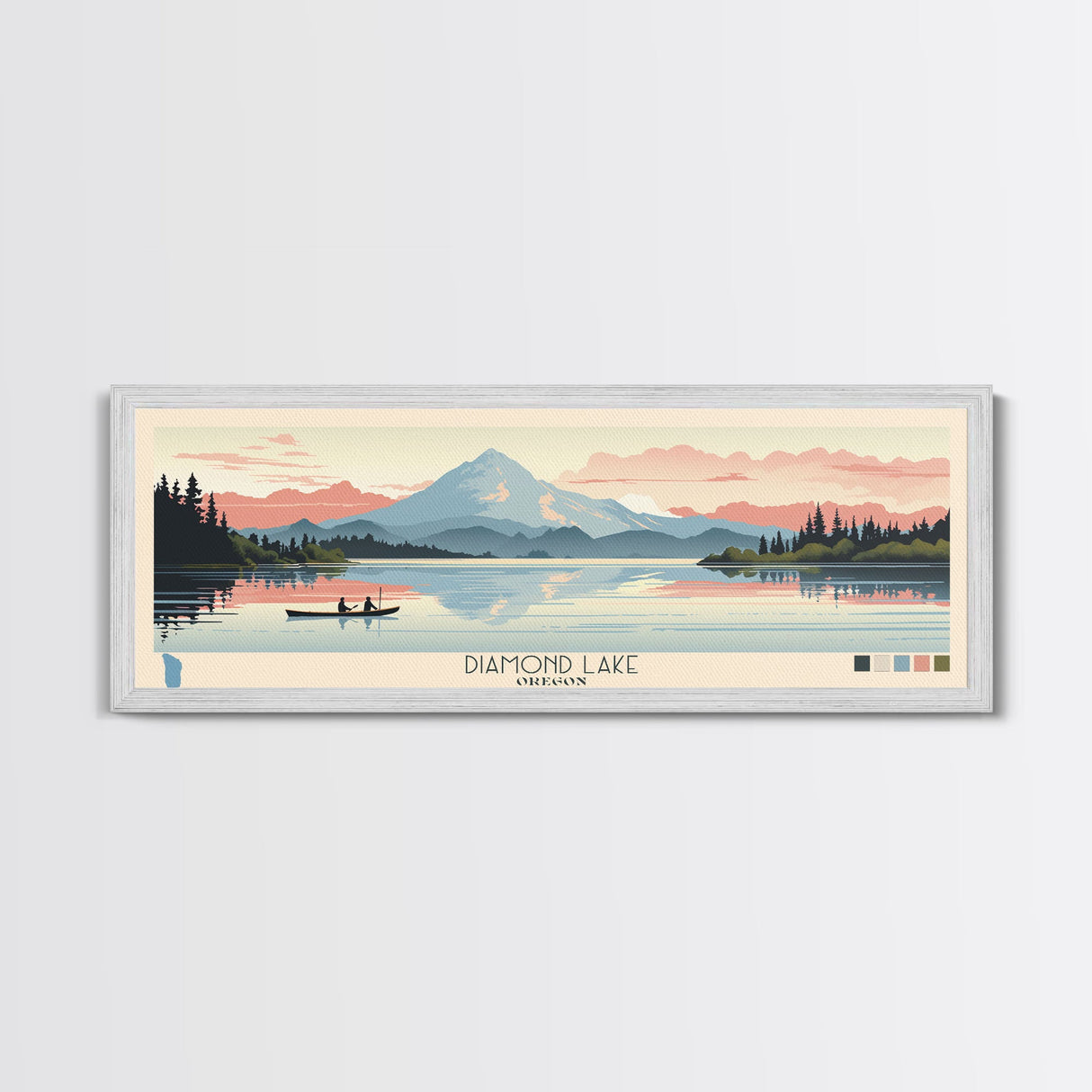 Diamond Lake Oregon Framed Canvas Print, Midcentury Modern Panoramic Wall Art, Bedroom Decor, Pop Art, Travel Poster Art, Scenic Nature Painting