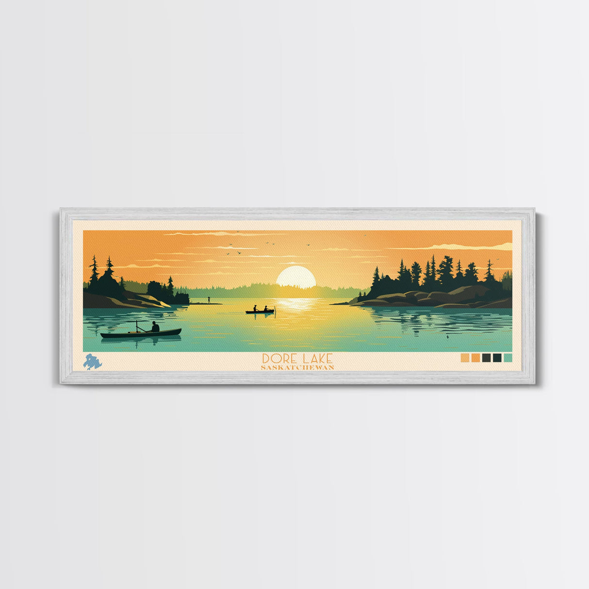 Dore Lake Saskatchewan Framed Canvas Print, Midcentury Modern Panoramic Wall Art, Living Room Decor, Pop Art, Travel Poster Art, Scenic Nature Painting