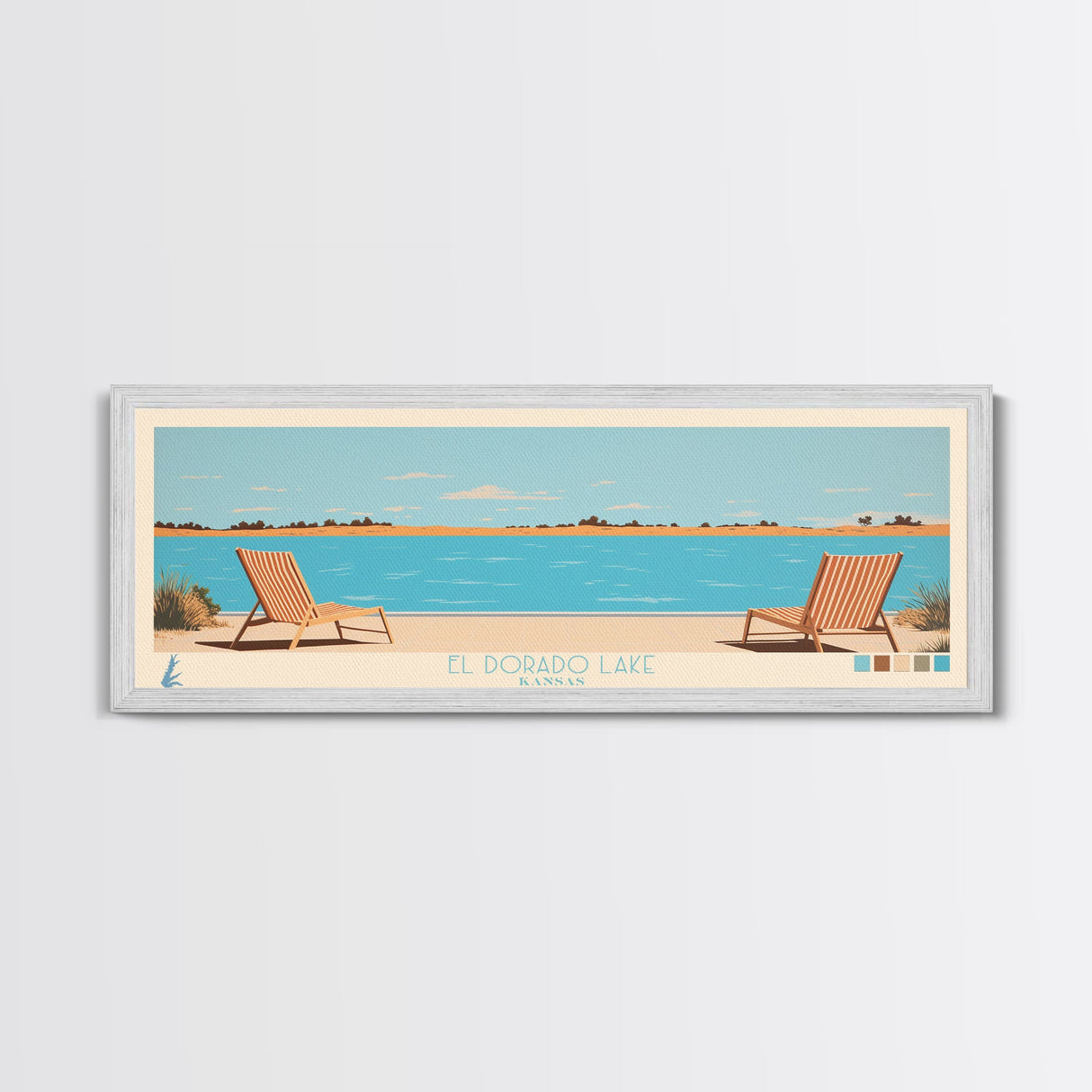 El Dorado Lake Kansas Framed Canvas Print, Panoramic Wall Art, Midcentury Modern, Pop Art, Living Room Art, Travel Poster, Vintage Lake Art