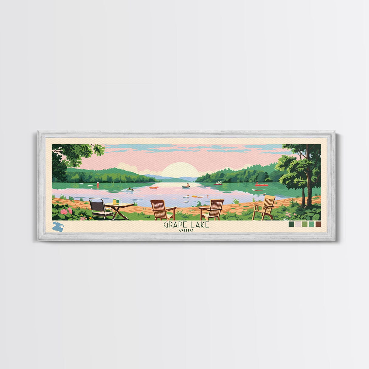 Grape Lake Ohio Framed Canvas Print, Panoramic Wall Art, Midcentury Modern, Pop Art, Living Room Wall Art, Travel Poster, Artistic Decor, Nature Art