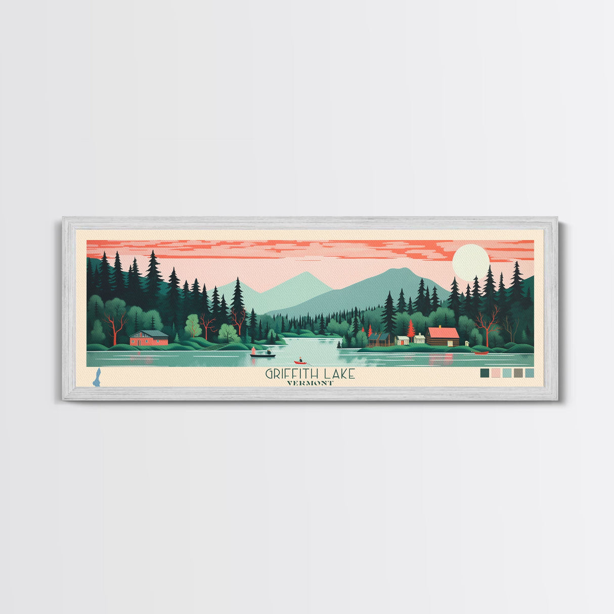 Griffith Lake Vermont2 Framed Canvas Print, Panoramic Art, Midcentury Modern, Pop Art, Bedroom Decor, Travel Poster, Artistic Decor, Home Decor