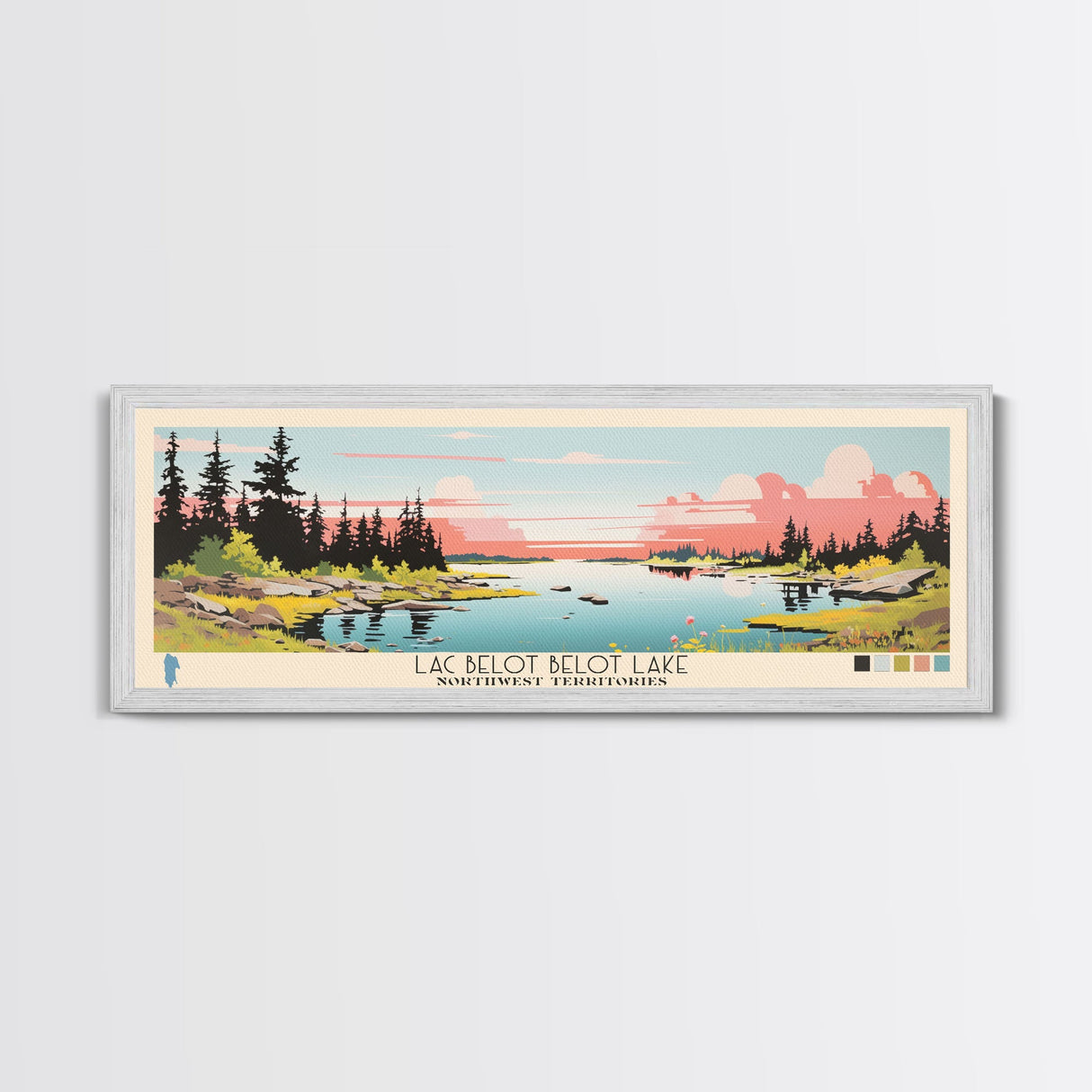 Lac Belot Northwest Territories Framed Canvas Print, Panoramic Wall Art, Midcentury Modern, Pop Art, Lake House Art, Travel Poster, Living Room Decor