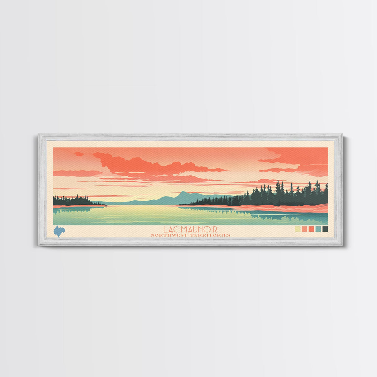Lac Maunoir Northwest Territories Framed Canvas Print, Panoramic Art, Midcentury Modern, Pop Art, Living Room Wall Art, Travel Poster, Lake House Decor