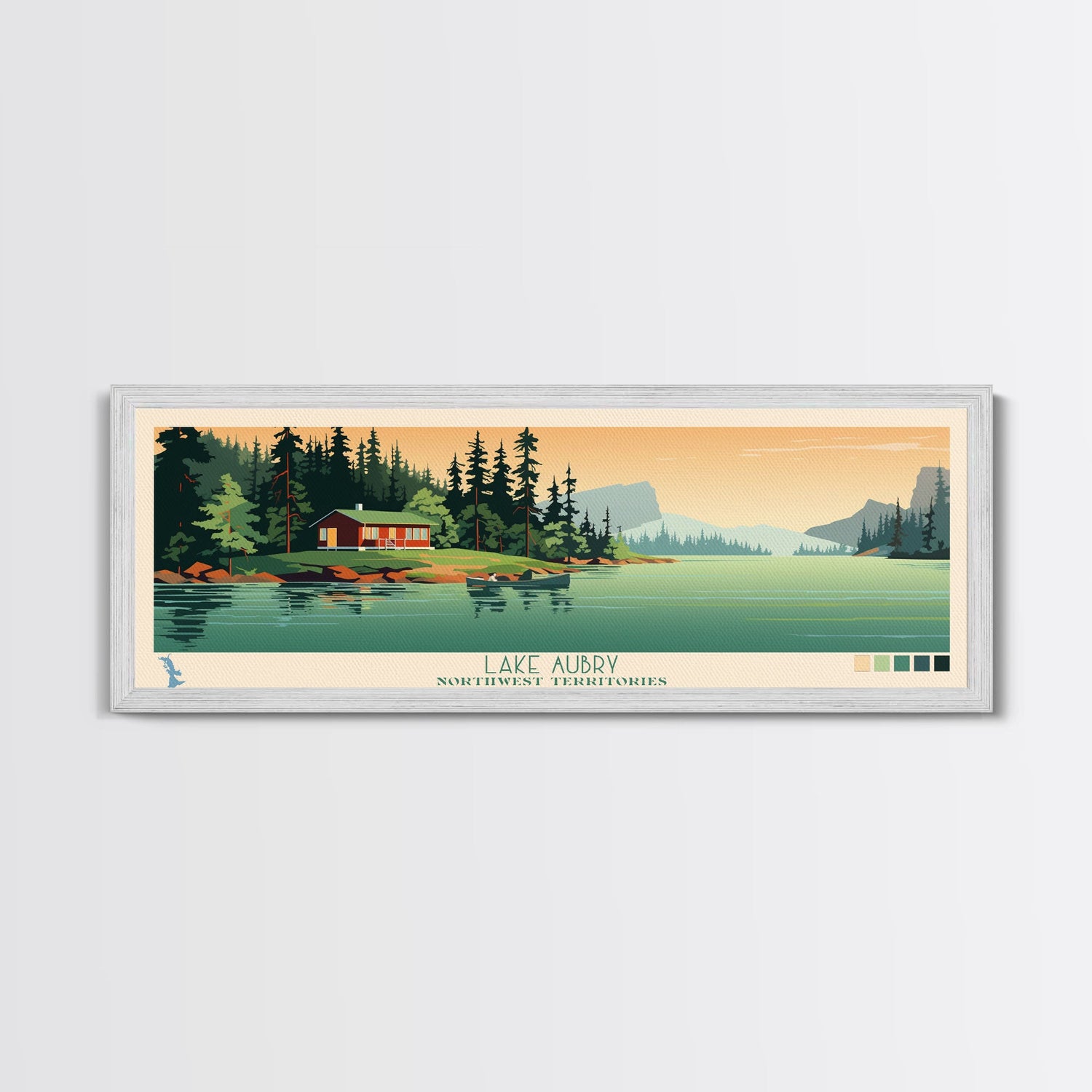 Lake Aubry Northwest Territories Framed Canvas Print, Panoramic Art, Midcentury Modern, Pop Art, Living Room Wall Art, Travel Poster, Lake House Decor