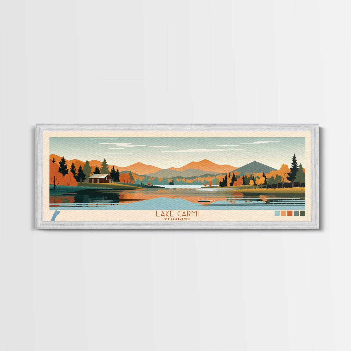 Lake Carmi Vermont Framed Canvas Print, Panoramic Art, Midcentury Modern, Pop Art, Living Room Wall Art, Travel Poster, Lake House Decor