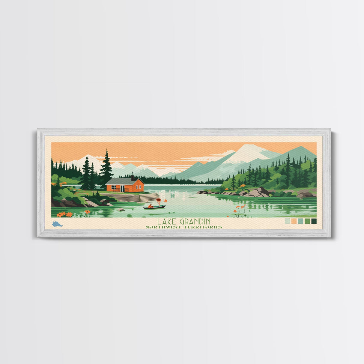 Lake Grandin Northwest Territories Framed Canvas Print, Panoramic Art, Midcentury Modern, Pop Art, Living Room Wall Art, Travel Poster, Lake House Decor