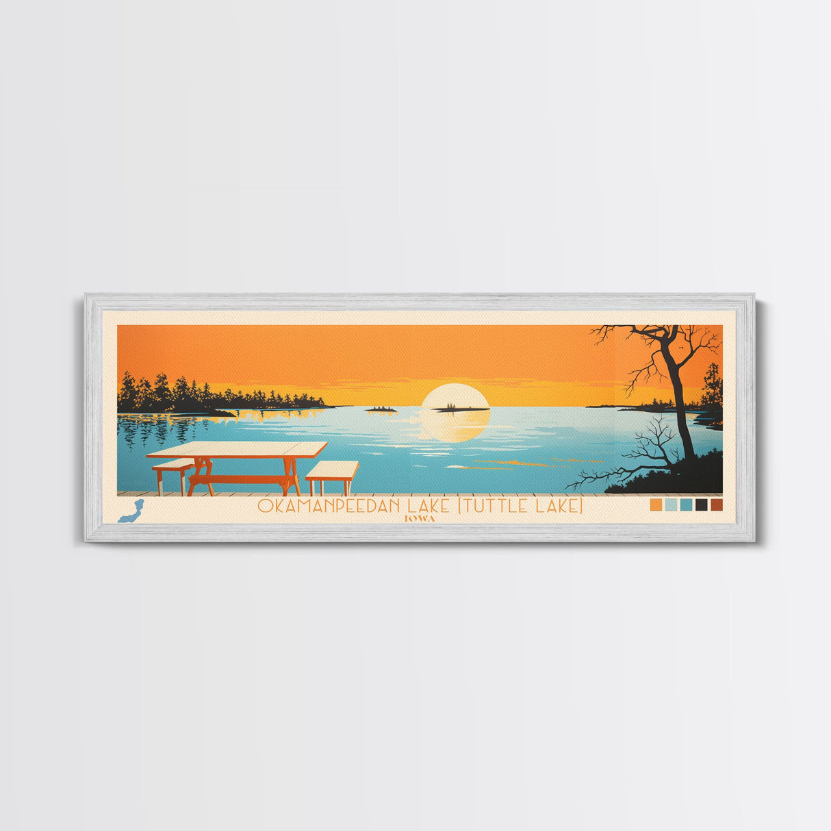 Okamanpeedan Lake (Tuttle Lake), Iowa Framed Canvas Print, Panoramic Wall Art, Midcentury Modern, Pop Art, Home Decor, Travel Poster, Bedroom Art