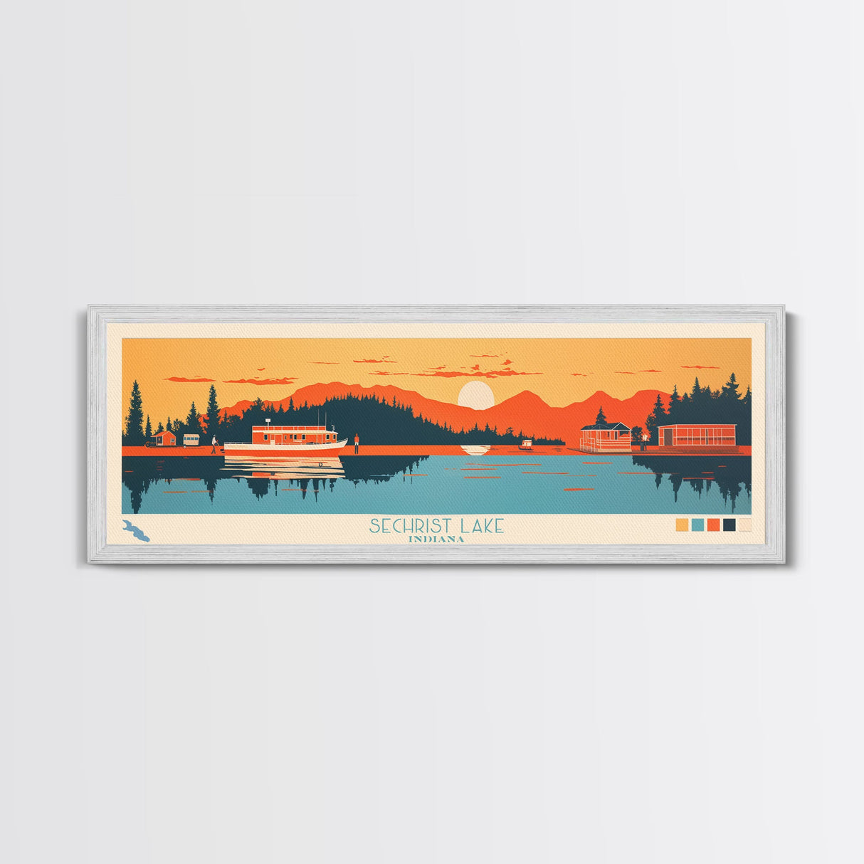Sechrist Lake, Indiana Framed Canvas Print, Panoramic Travel Poster, Midcentury Modern Art, Living Room Decor, Pop Art, Wall Decoration