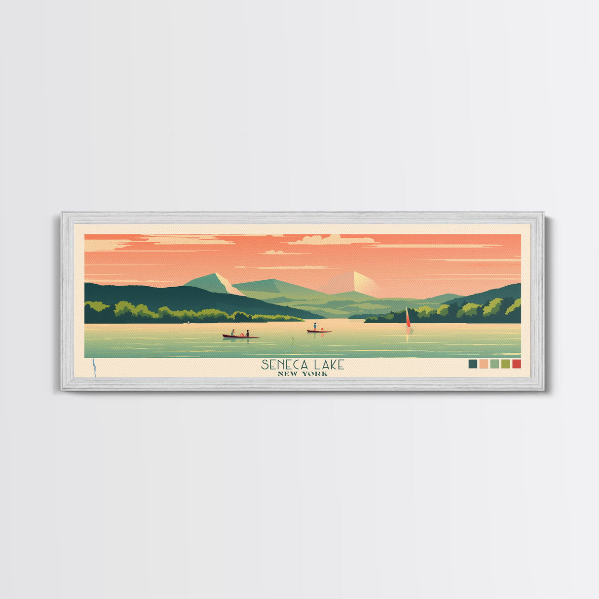 Seneca Lake, New York Framed Canvas Print, Panoramic Wall Art, Midcentury Modern Decor, Pop Art, Bedroom Decoration, Travel Poster