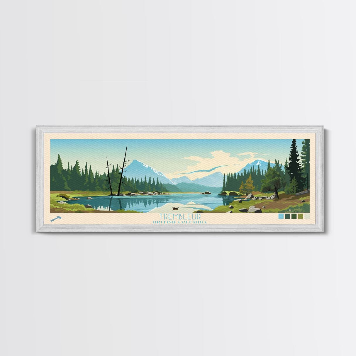 Trembleur Lake, British Columbia Framed Canvas Print, Lake House Art, Midcentury Modern Decor, Pop Art, Travel Poster, Bedroom Wall Art
