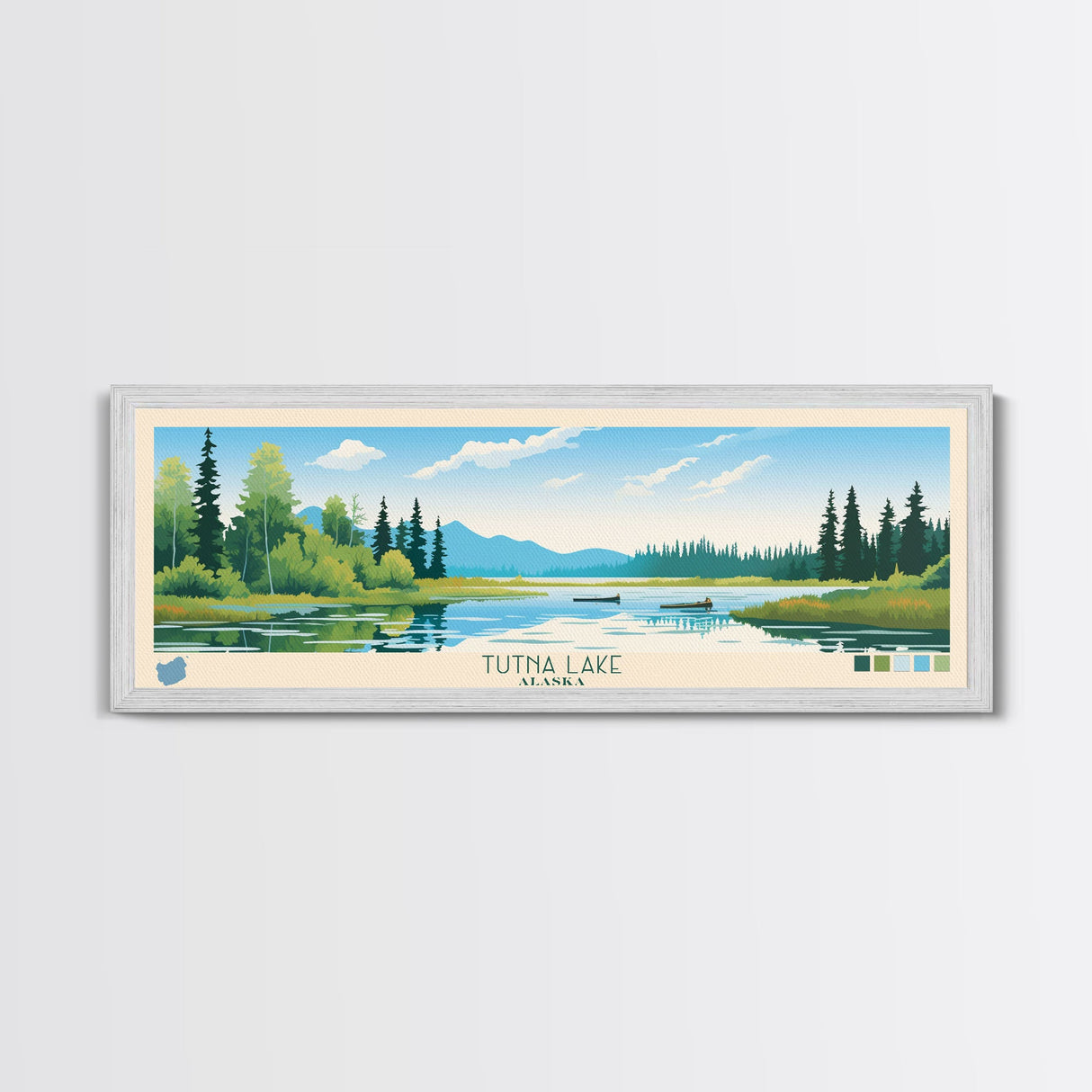 Tutna Lake, Alaska Framed Canvas Print, Lake House Art, Midcentury Modern Decor, Pop Art, Travel Poster, Bedroom Wall Art
