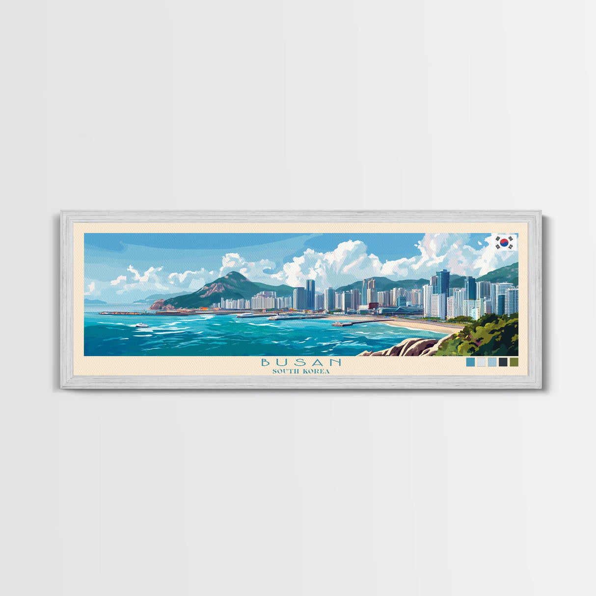Busan, South Korea Travel Poster Panoramic Canvas Print, Busan, South Korea Painting, South Korea Art, Busan Travel Art, Guest Room Painting