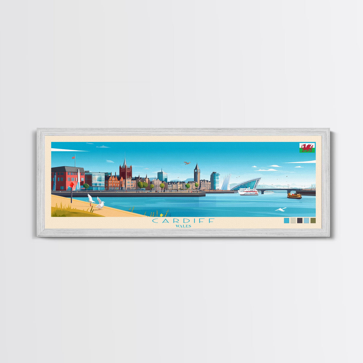 Cardiff, Wales Travel Poster Panoramic Canvas Print, Cardiff, Wales Painting, Wales Art, Cardiff Travel Art, Guest Room Painting