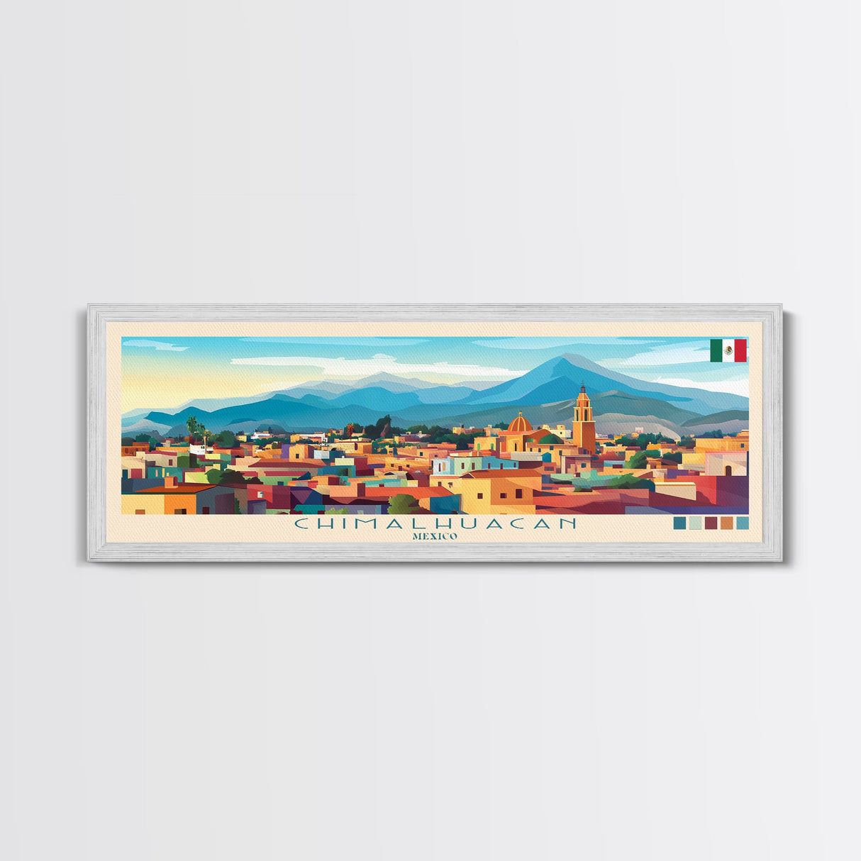 Chimalhuacan, Mexico Panoramic Travel Poster Canvas Print, Chimalhuacan, Mexico Painting, Mexico Art, Chimalhuacan Travel Art, Guest Room Painting