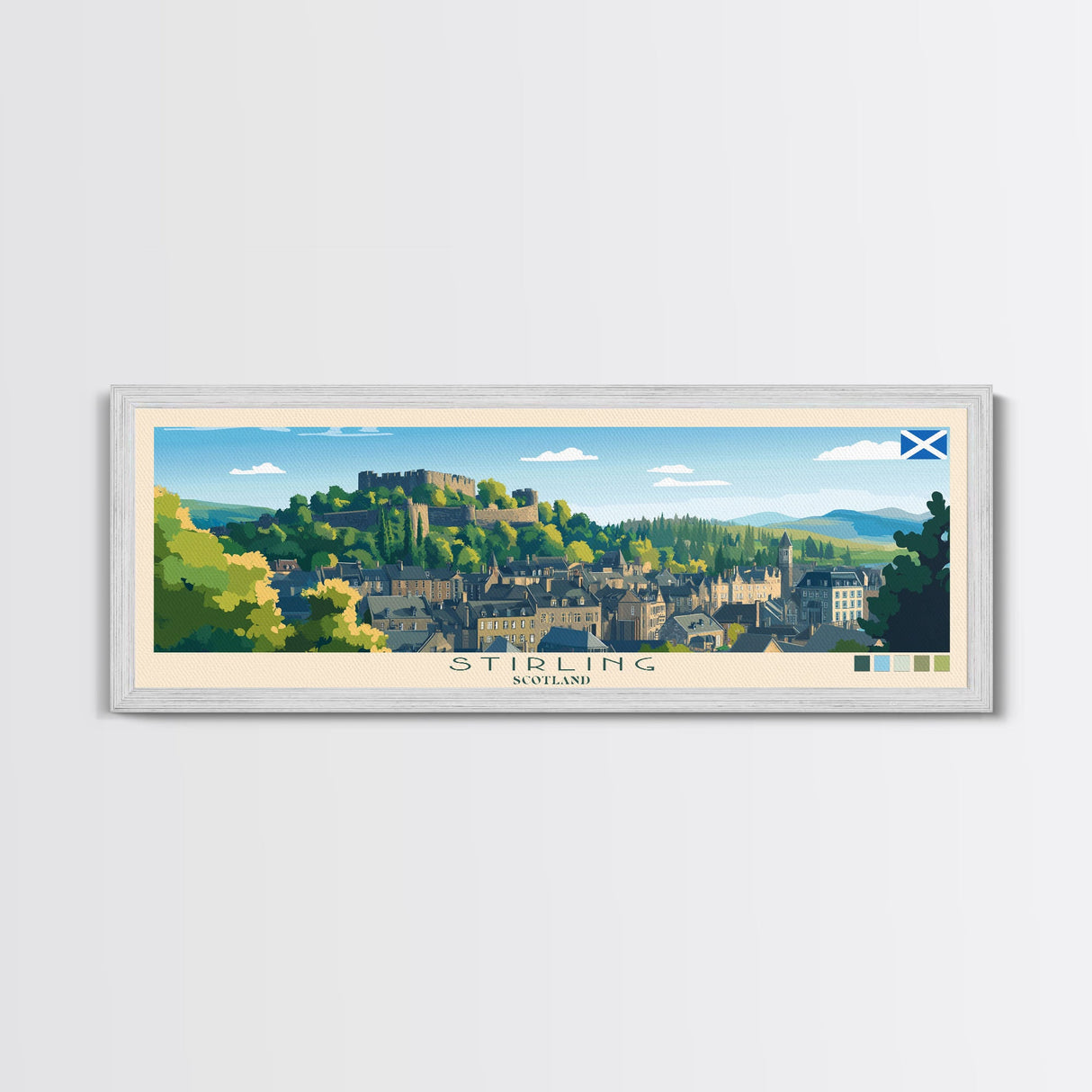 Stirling, Scotland Panoramic Travel Poster Canvas Print, Stirling, Scotland Painting, Scotland Art, Stirling Panoramic Travel Art, Travel Painting
