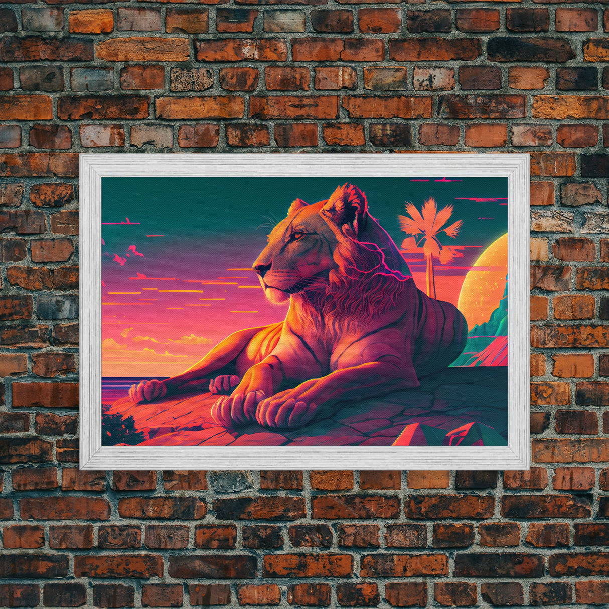 Lion contemplating life on a cliff, vibrant and colorful synthwave retro style art, framed canvas print