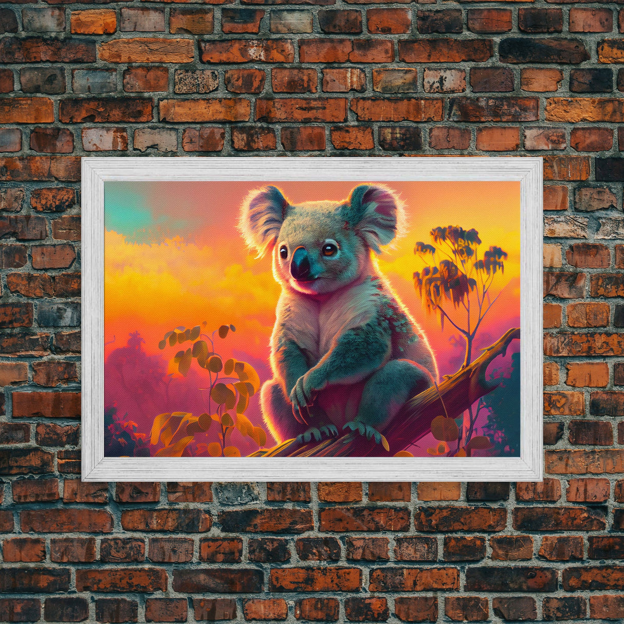 Cute Koala bear at sunset, vaporwave animal art, framed canvas print, framed wall art, ready to hang, synthwave art