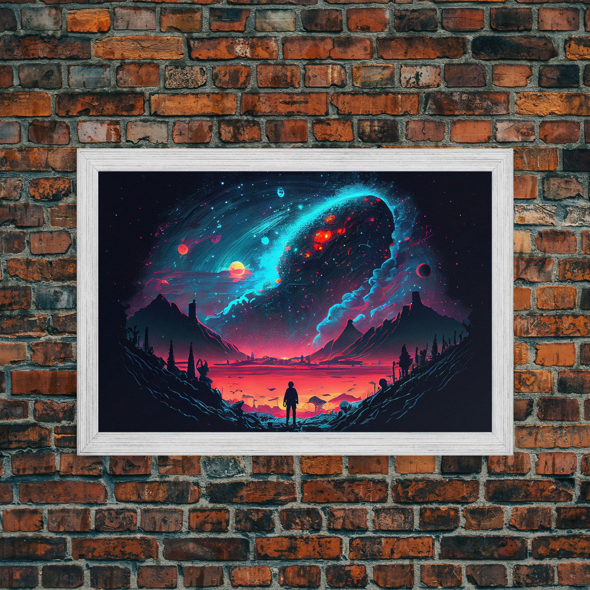 Strange new worlds among the stars, scifi retrowave art, framed canvas print, unique wall art