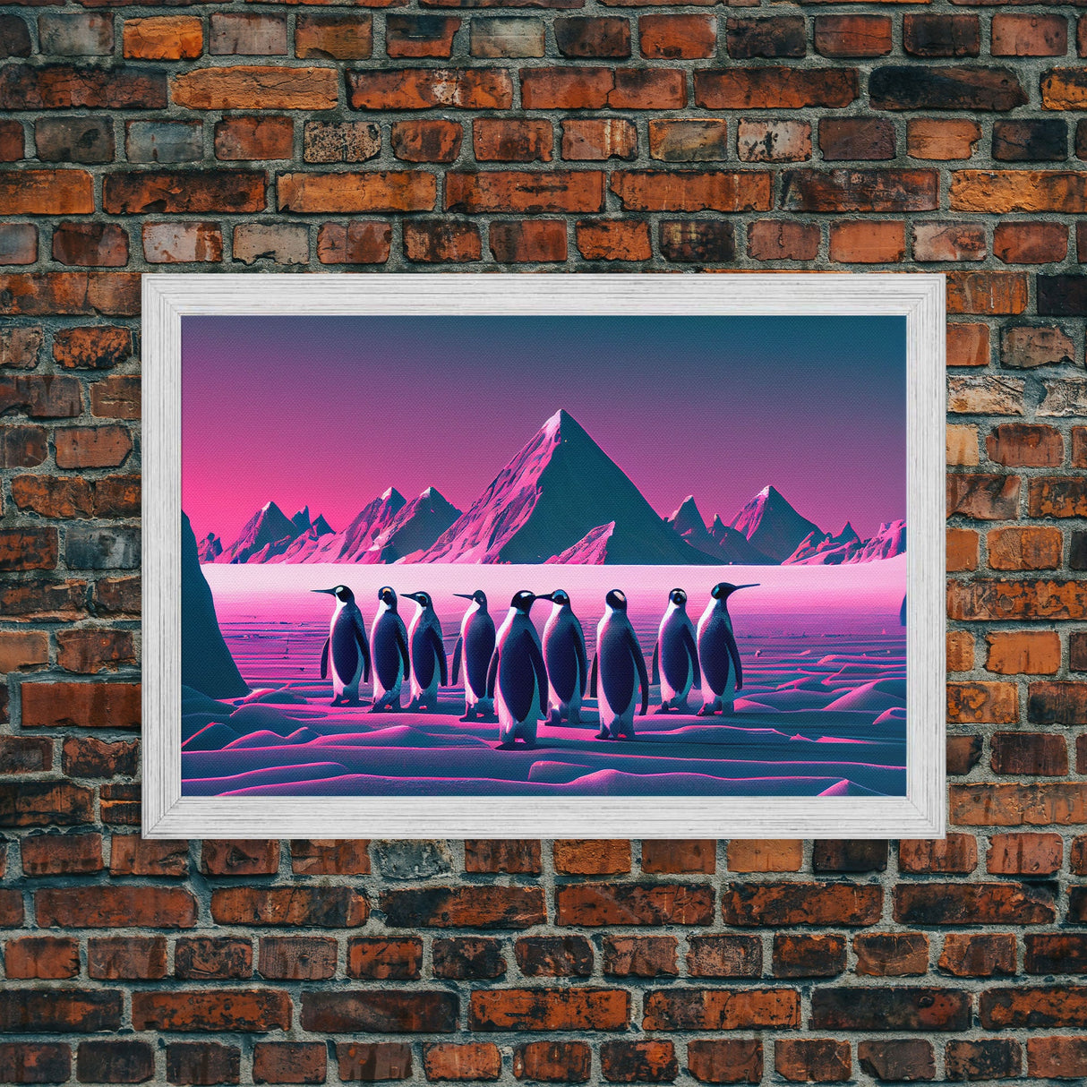 Penguins on the nice, cute animal prints, framed canvas print, synthwave / vaporwave art