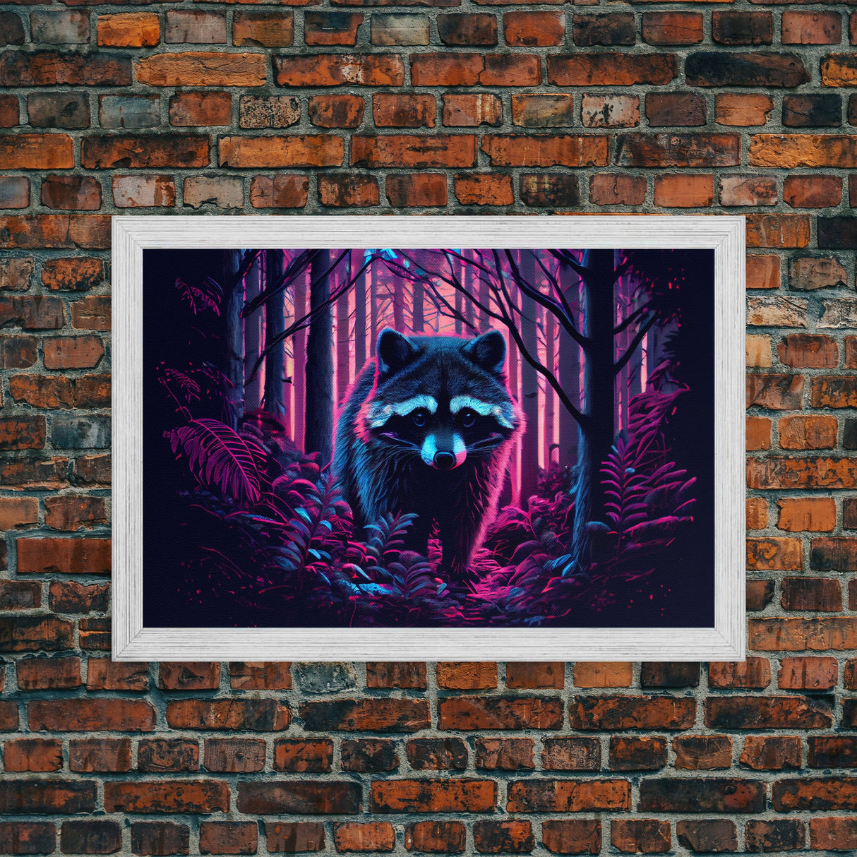 Cute racoon in the forest, vaporwave aesthetic animal art, framed canvas print, colorful animal art