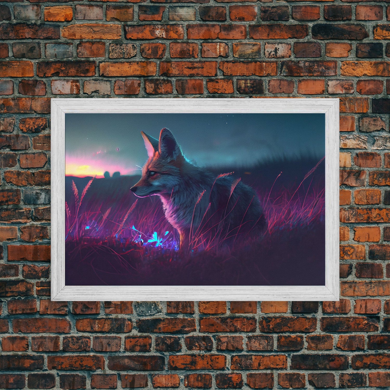Cute animal prints, vaporwave fox hunting in the tall grass, framed canvas print
