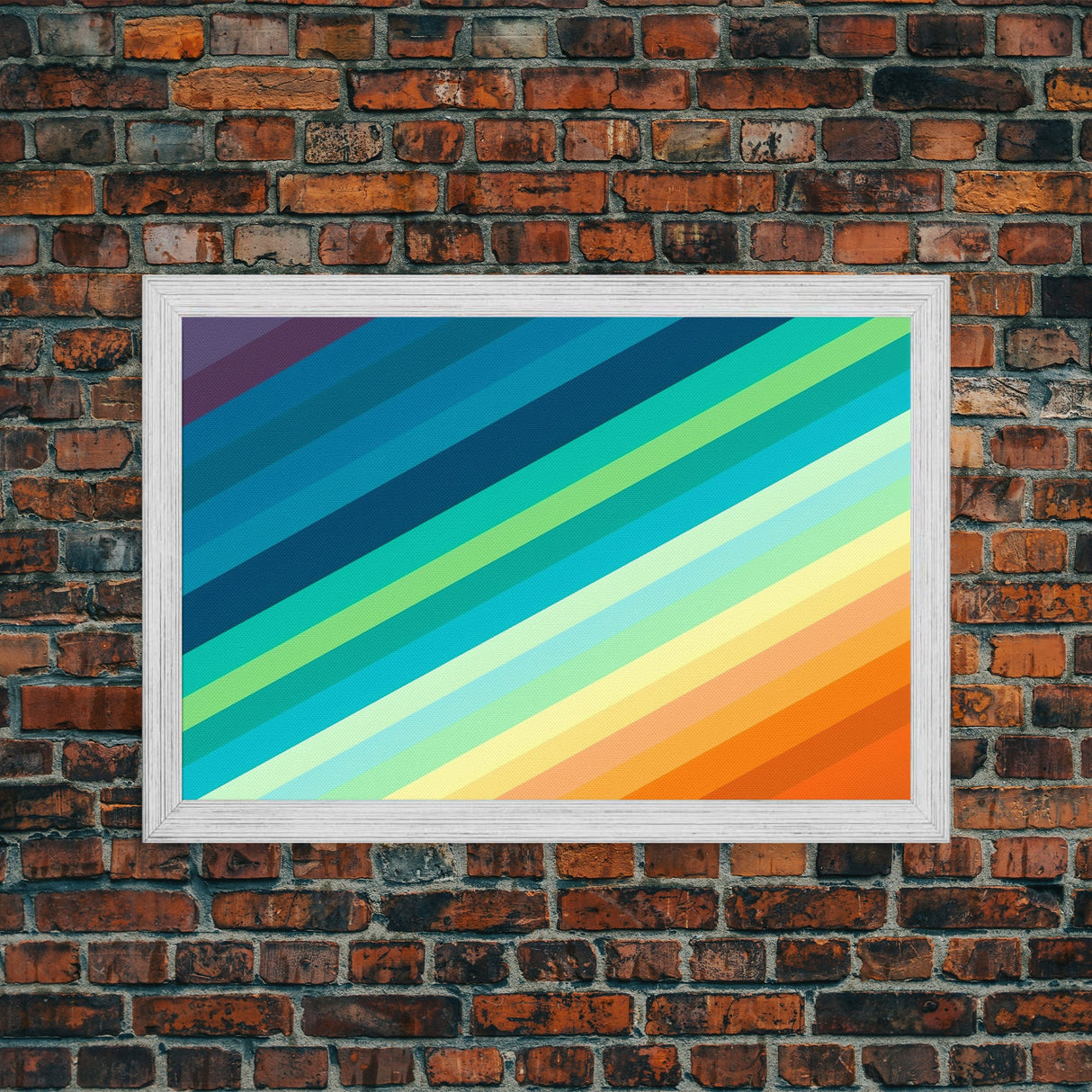 Mid Century Art Wide Framed Canvas Panoramic Art Retro Decor Modern Art Teal Orange Yellow Stripes Canvas Print Modern Wall Art