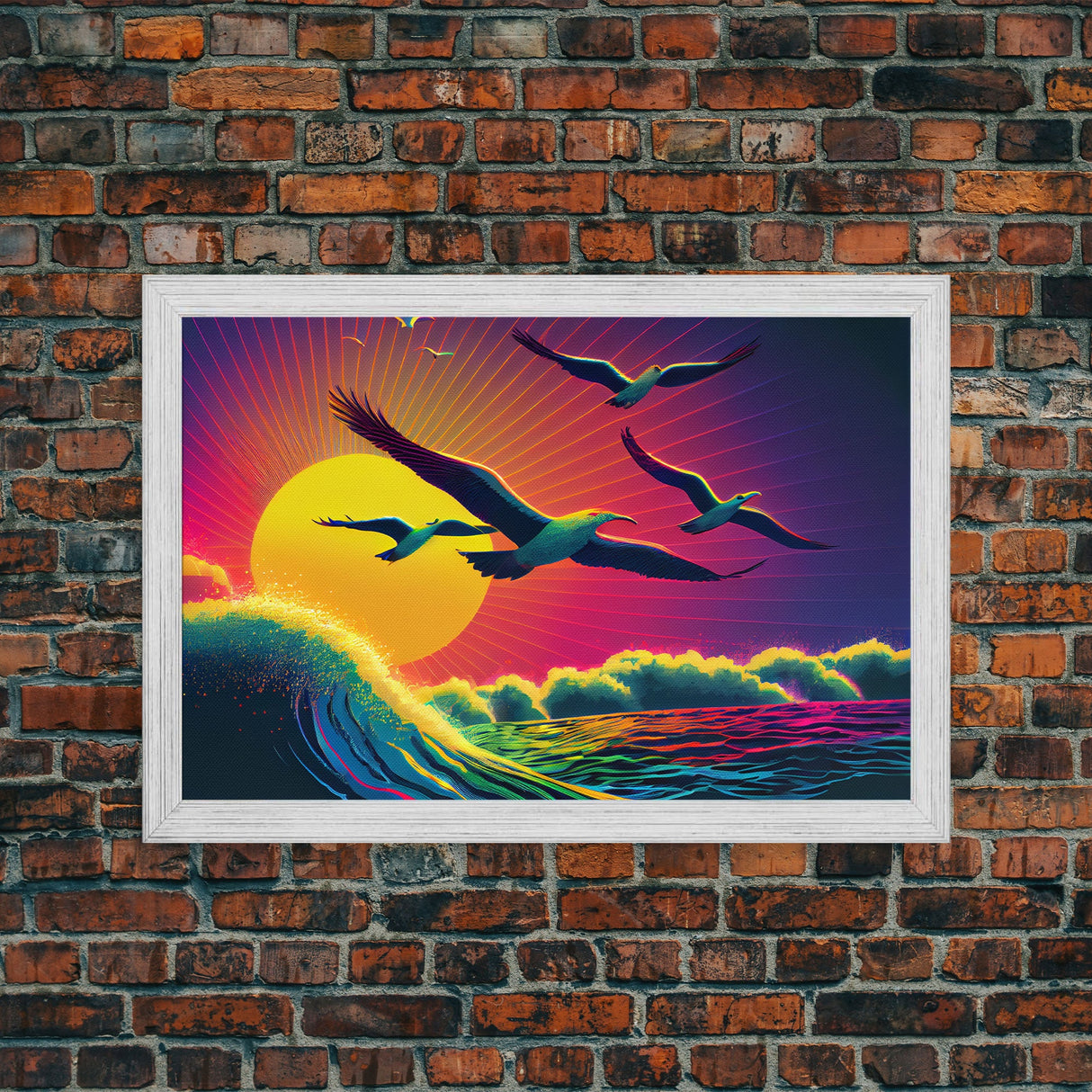 Flock of Seagulls, art deco style sun, framed canvas print, synthwave retrowave animal art