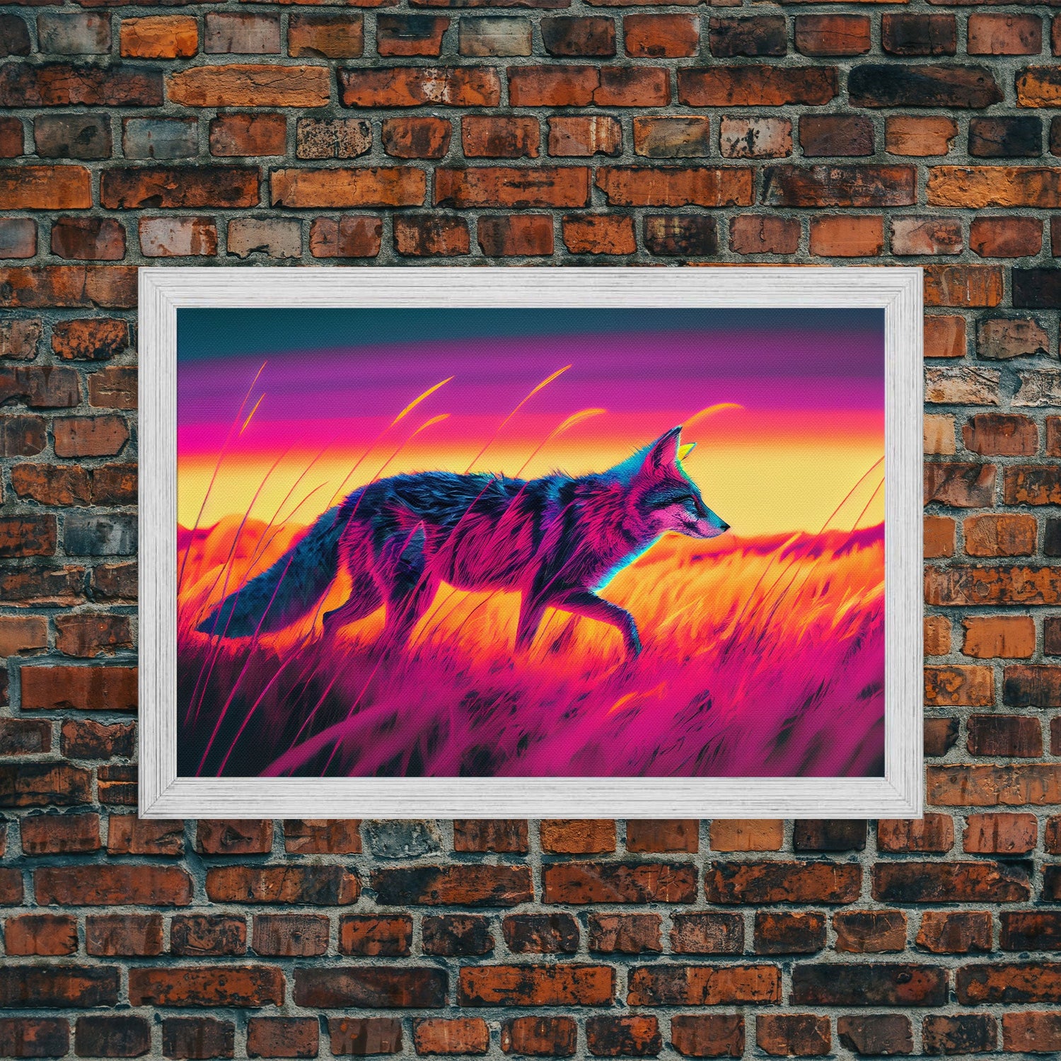 Cute fox in the tall grass, animal print, vaporwave framed canvas print, retrowave animal art