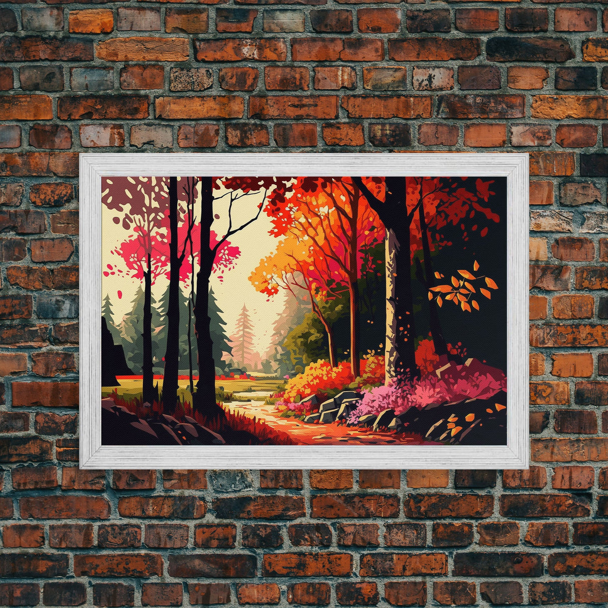Pop Art Style Fall Forest Landscape, Framed Canvas Print, Unique living room wall art, above sofa art, Color Pop forest art