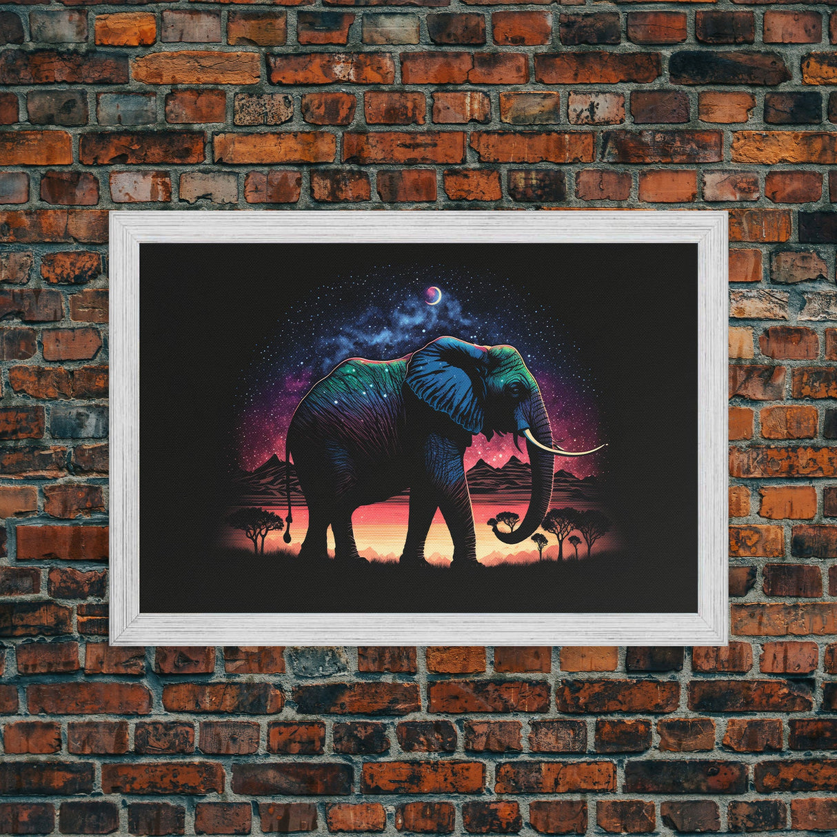 Elephant Art | Framed Canvas Print | Framed Wall Art | Animal Prints | Wildlife Art | Elephant Walks Under A Full Moon | Kid's Room Decor