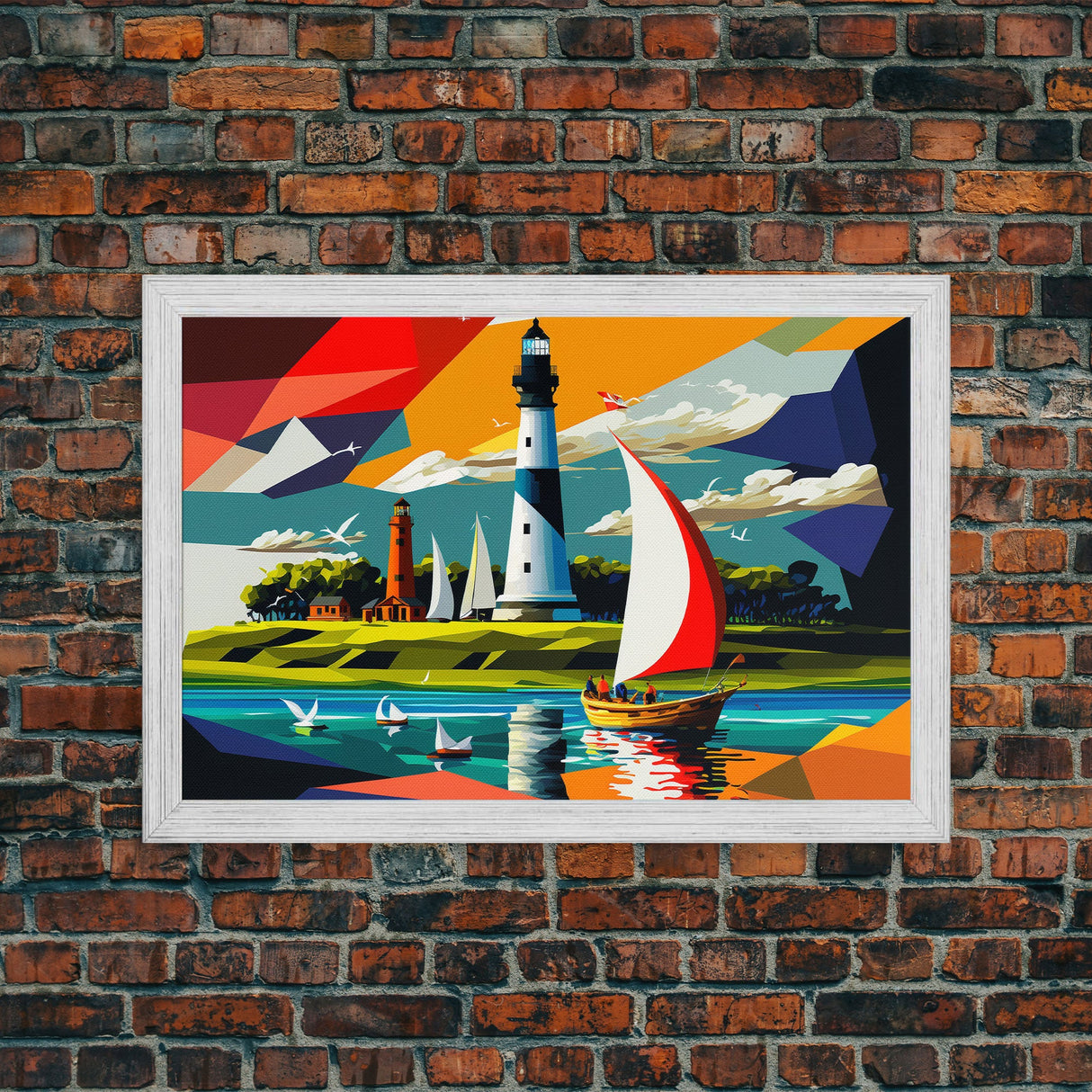 Sailboat and Lighthouse | Pop Art Style Painting Print | Framed Canvas Print | Colorful Minimalist Art | Nautical Art