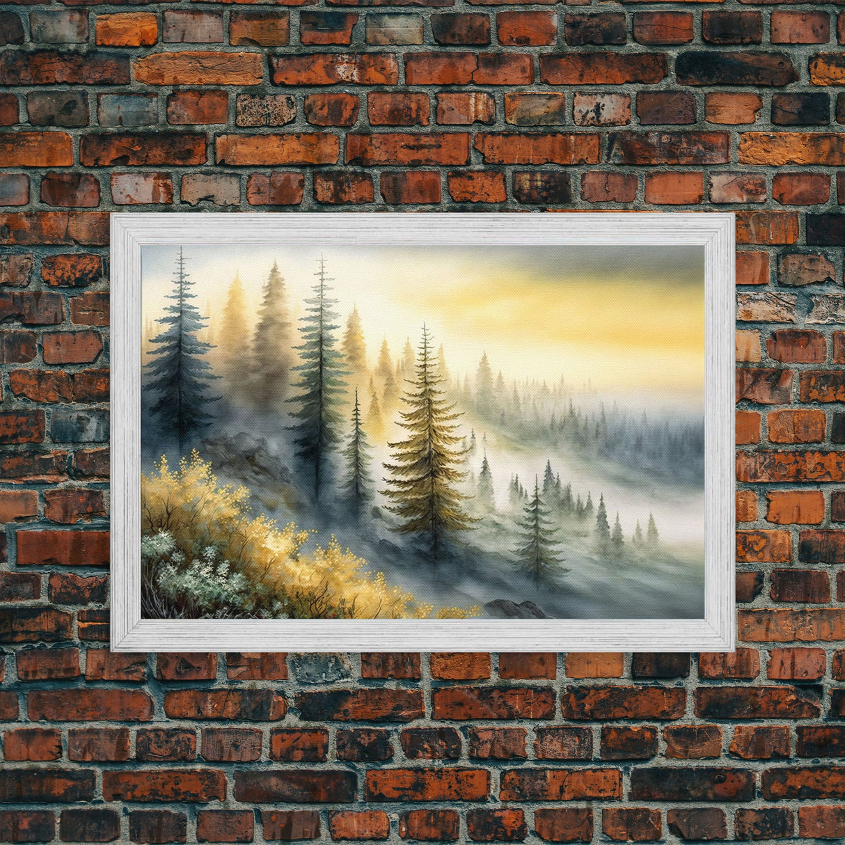 Watercolor of a foggy pine tree forest, framed canvas print, unique wall art, contemporary art