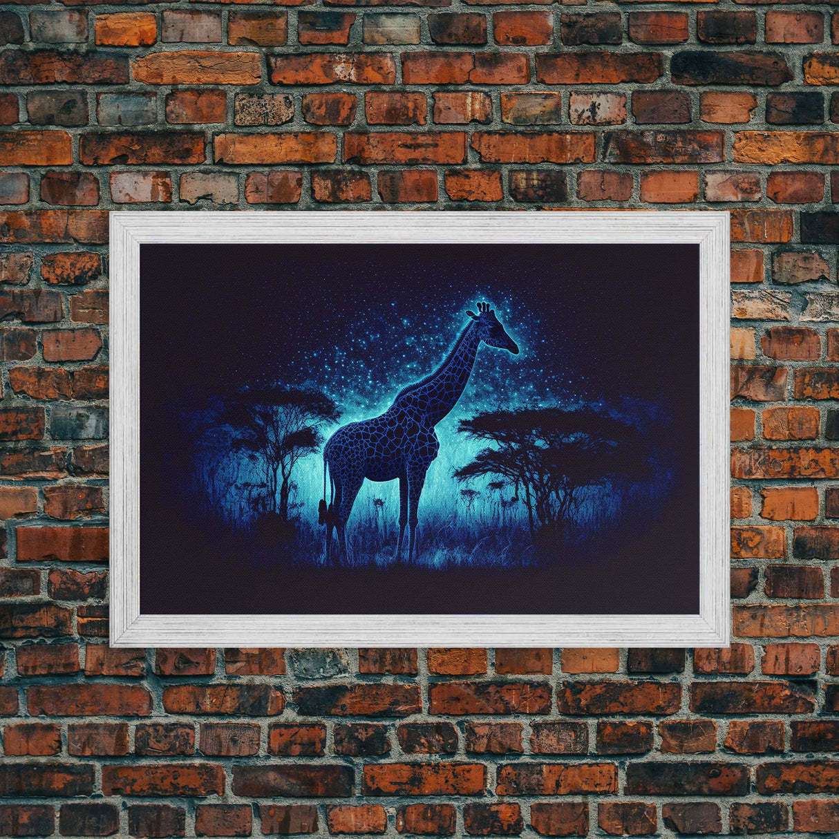 Surreal Giraffe Art, Wildlife Print, Animal Prints, framed canvas print, framed wall art, colorful turquoise night sky