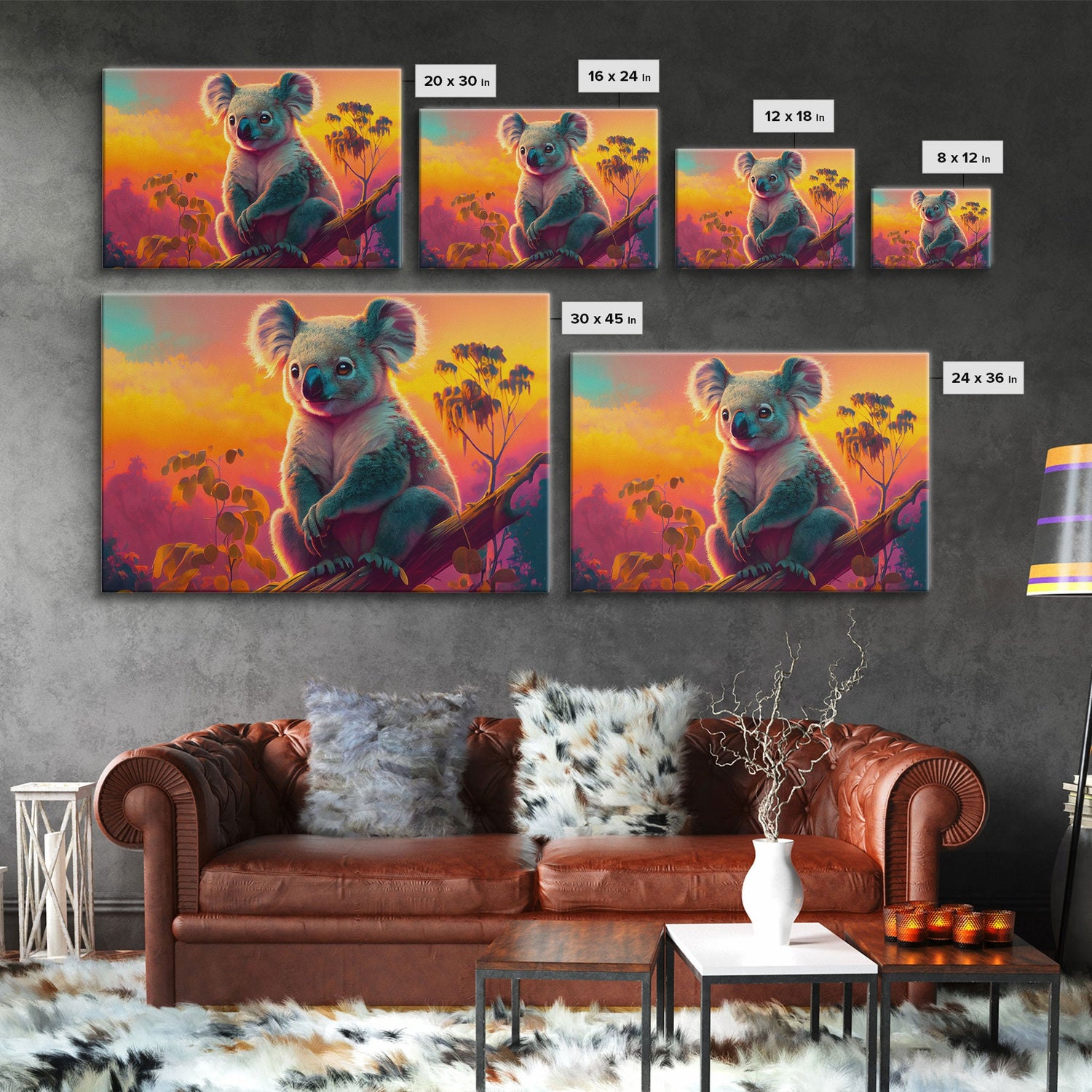 Cute Koala bear at sunset, vaporwave animal art, framed canvas print, framed wall art, ready to hang, synthwave art