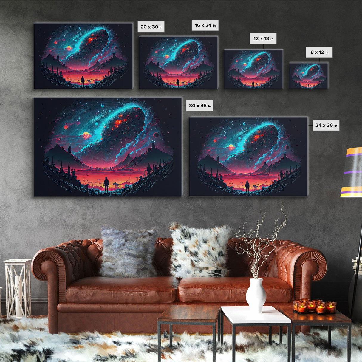 Strange new worlds among the stars, scifi retrowave art, framed canvas print, unique wall art