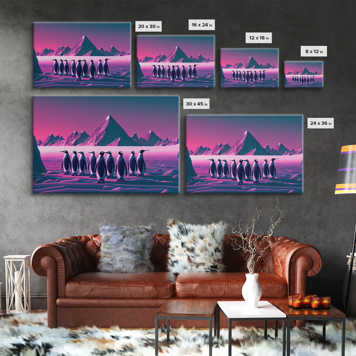 Penguins on the nice, cute animal prints, framed canvas print, synthwave / vaporwave art