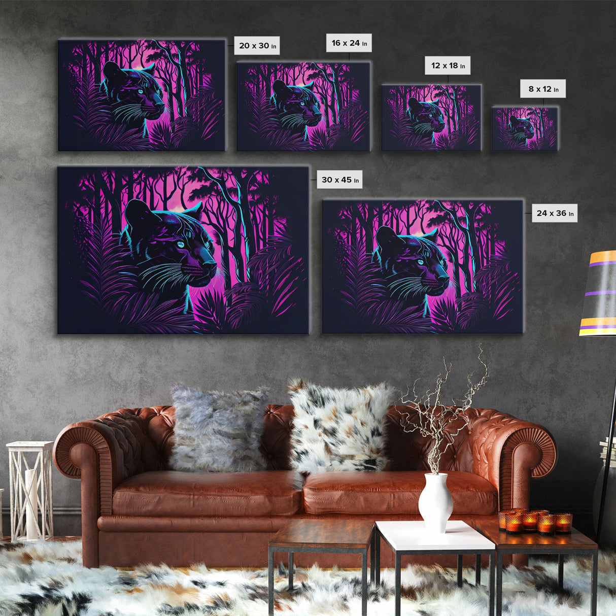 Vaporwave art, framed canvas print, Jungle Panther synthwave portrait