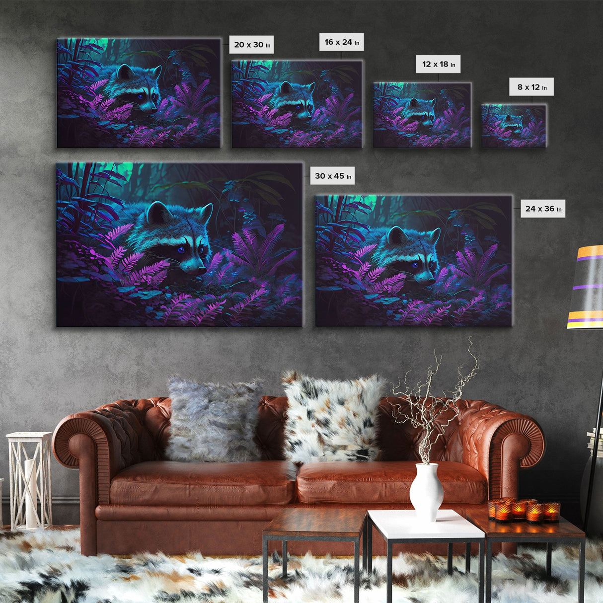 Trash panda art, Racoon in the jungle, vaporwave aesthetic animal art, framed canvas print